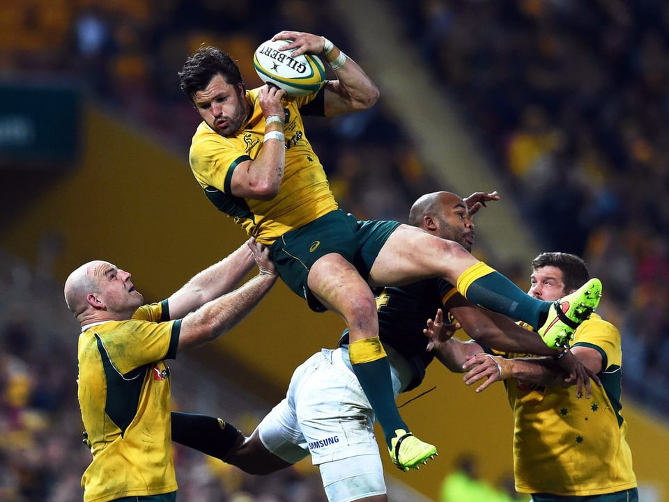 Ein australischer Rugby Spieler fängt das Ei hoch über seinen Gegenspielern.