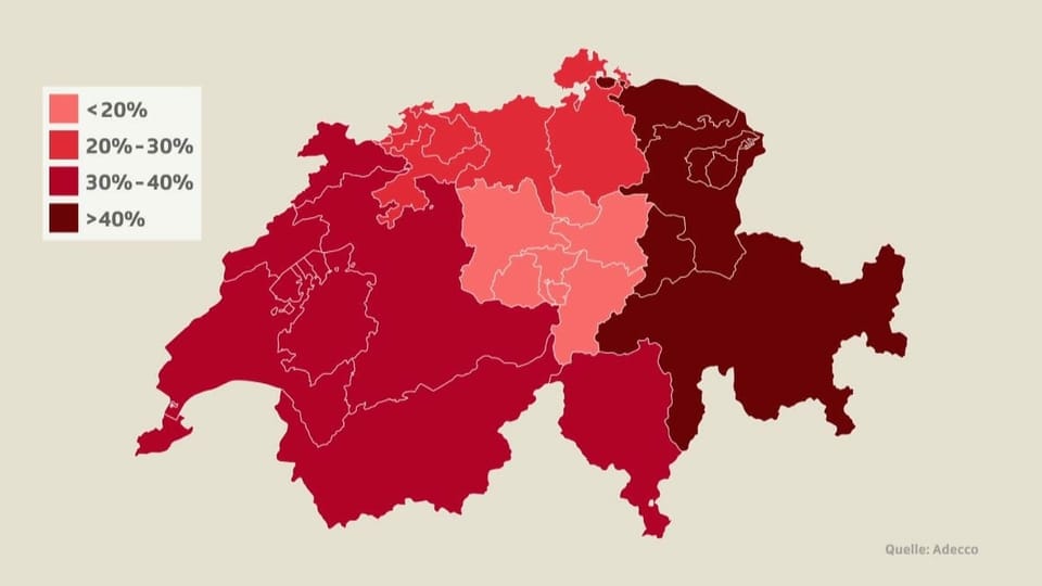 Karte der Schweiz mit den Prozentzahlen zum Fachkräftemangel.