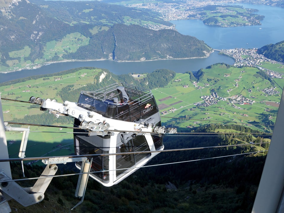 Einmalige Aussicht vom Stanserhorn mit der CabriO-Luftseilbahn auf den Alpnachersee, Vierwaldstättersee und Stansstad.
