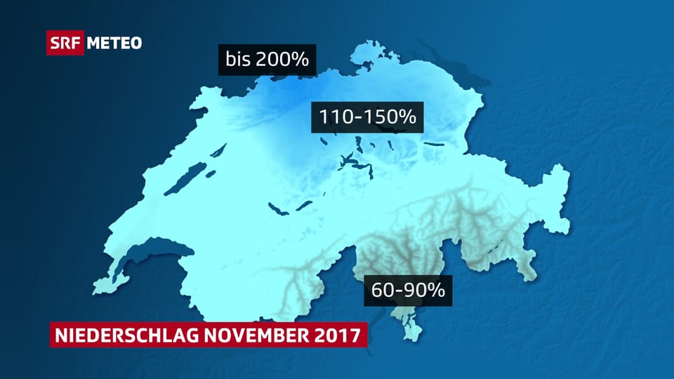 Schweizer Karte mit dem relativen Niederschlag in der Schweiz.