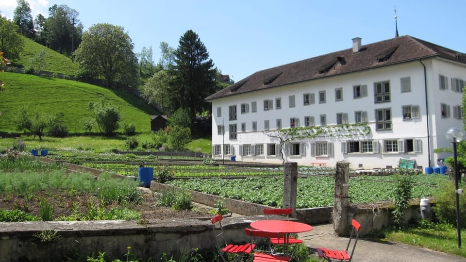 Klostergarten und das weisse Klostergebäude.
