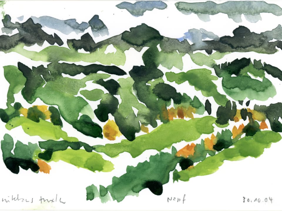 Eine gemalte Hügellandschaft.