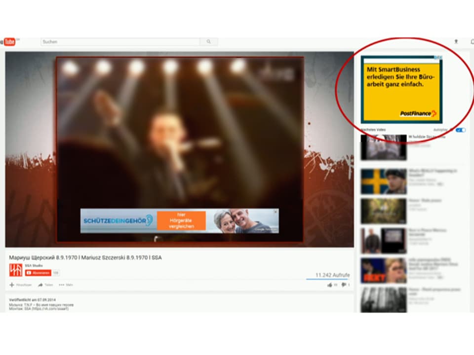 Bildschirmfoto einer Nazi-Rockband mit eingeblendeter Werbung von Swisscom.