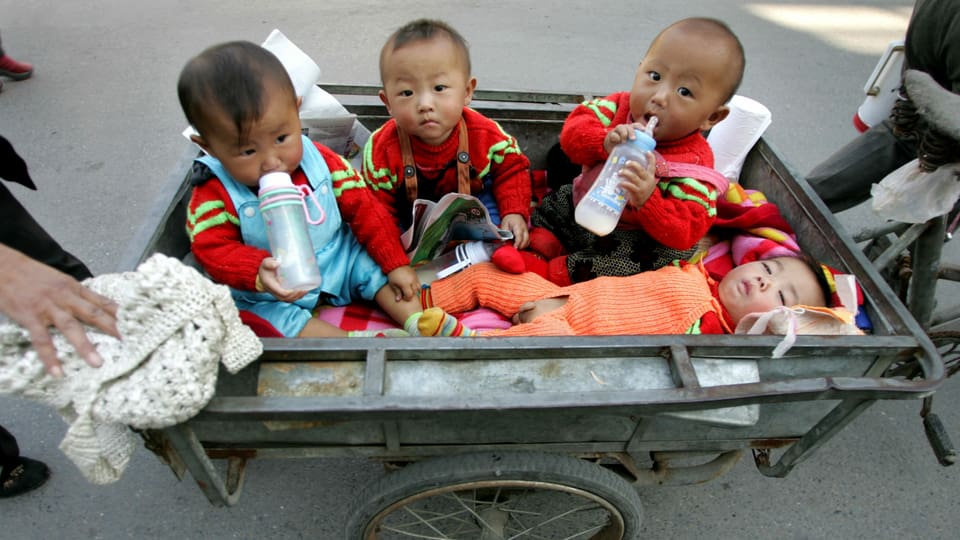 Vier chinesische Babys in einem Wagen