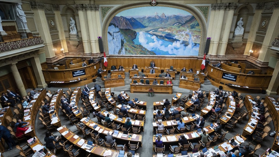Parlamentssitzung im Halbkreis-Sitzungsraum mit grossem Berglandschaftsgemälde im Hintergrund.