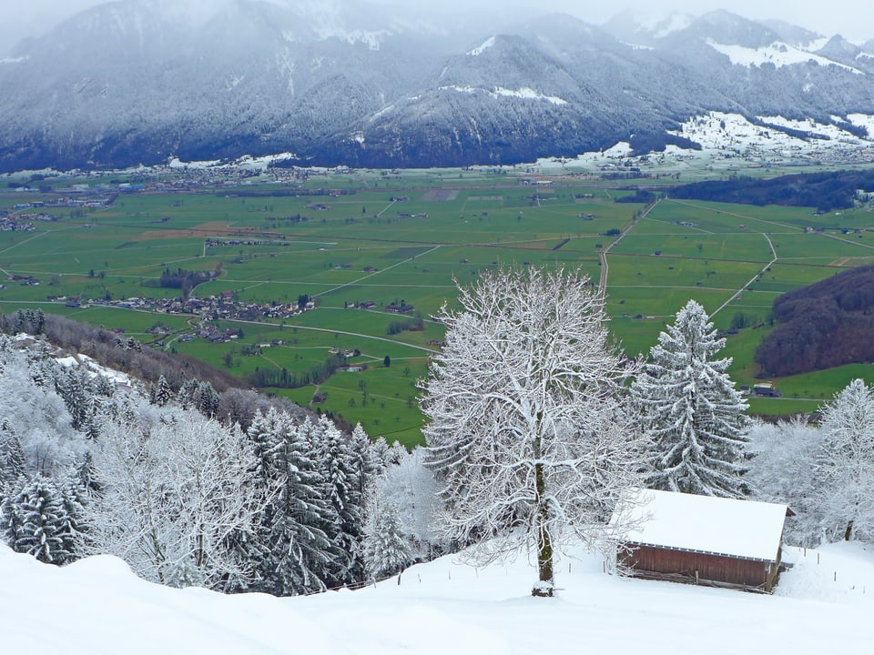 Der Betrachter steht knöcheltief im Schnee mit Blick ins Tal. Das Tal strahlt grün.