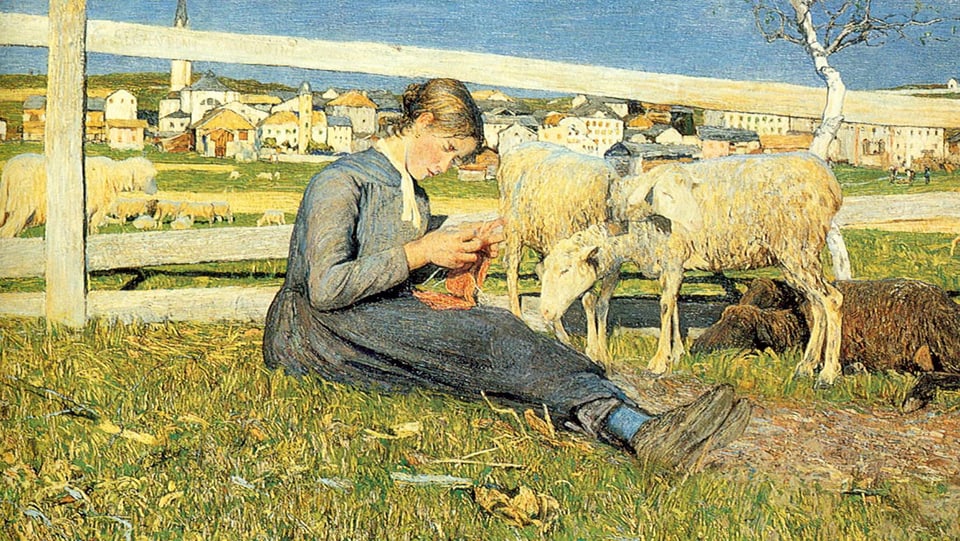 Ein Bauernmädchen sitzt auf einer Wiese, strickend, neben ihm zwei Schafe.