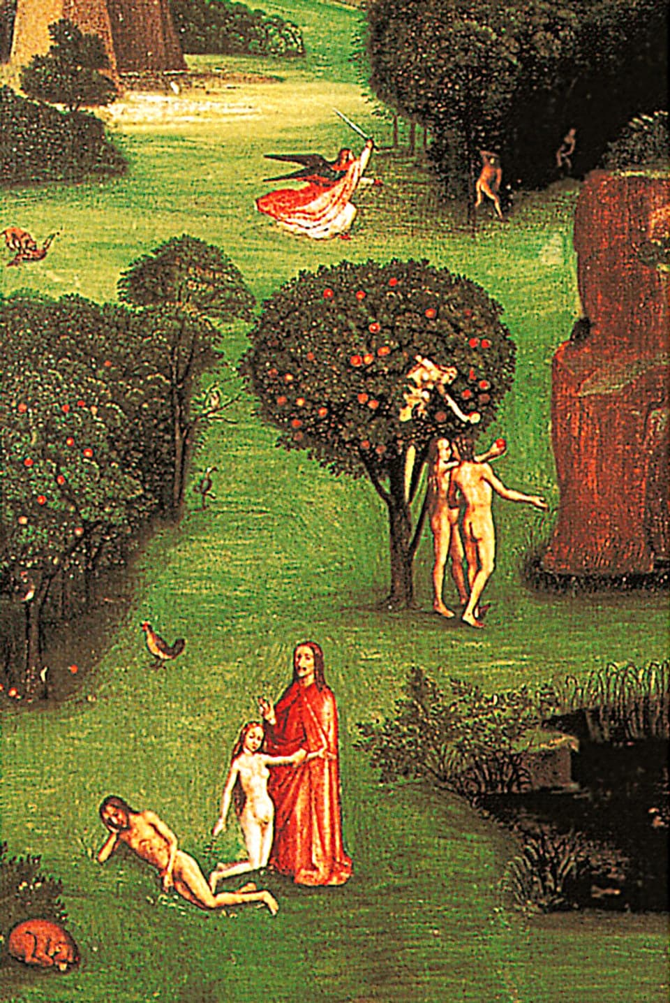 Blick in ein Paradies: Adam und Eva unter dem Baum sowie weitere Figuren.