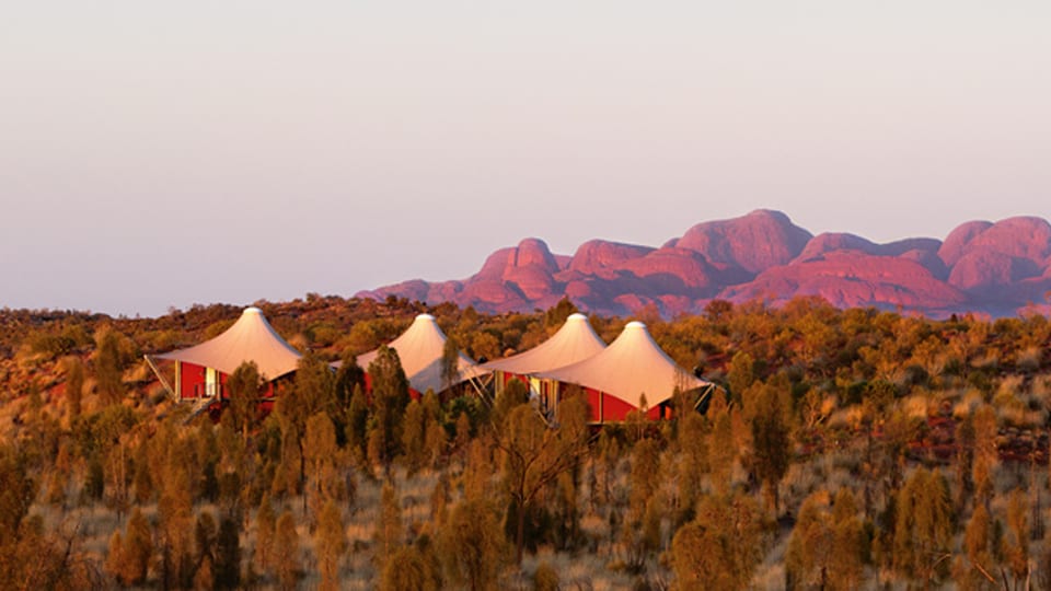 Vier Zelte umgeben von kleinen Bäumen in einer wüsteähnlichen Umgebung. Im Hintergrund sind orangefarbene Felsen zu sehen.