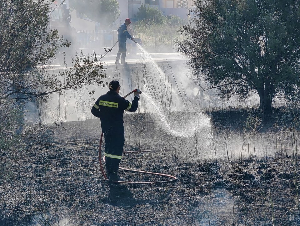 Zwei Feuerwehrmänner spritzen Wasser auf eine verbrannte Fläche.