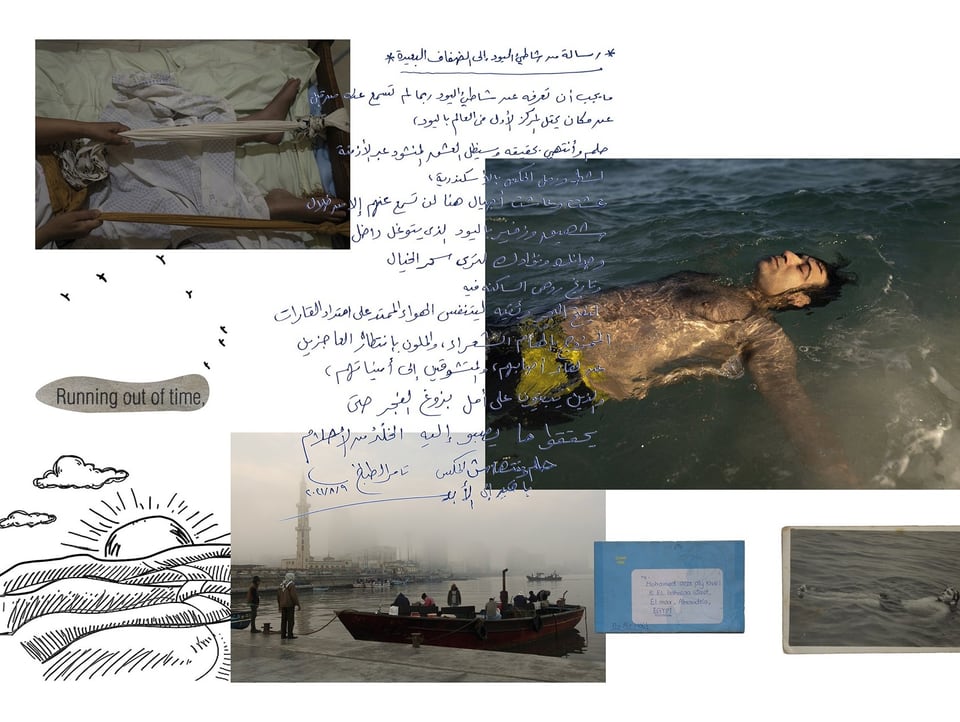 Eine Collage aus Text und Bildern, auf denen etwas ein schwimmender Mann zu sehen ist oder ein Boot. 
