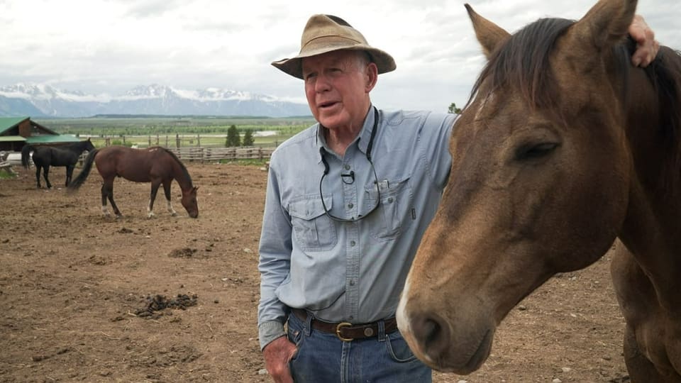 Mann mit Pferd vor schöner Landschaft