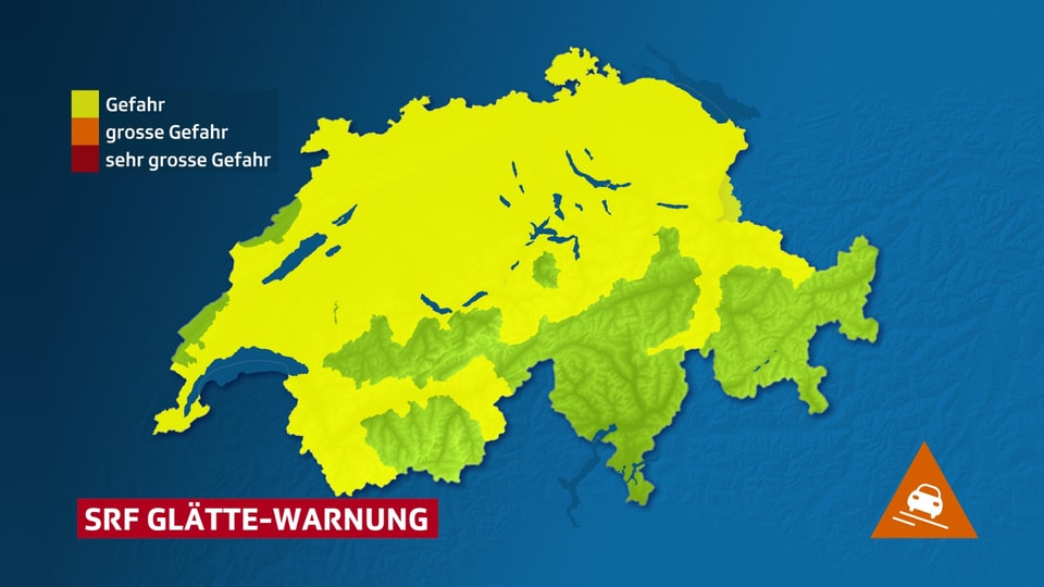 Die Warnkarte zeigt, dass auf der Alpennordseite mit winterlichen Strassenverhältnissen rechnen muss.