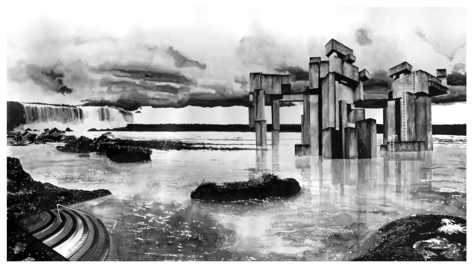 Schwarzweiss-Zeichnung: Blick vom Ufer auf eine im Wasser stehende, verwinkelte Betonkonstruktion auf hohen Stelzen.