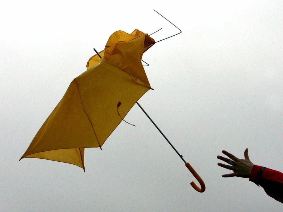 Bernoulli-Effekt wirkt, ein gelber Schirm wirbelt durch dei Luft.
