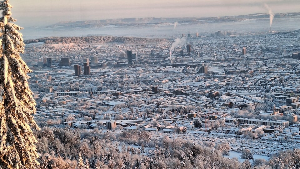 Blick vom Üetliberg auf das verschneite Zürich.