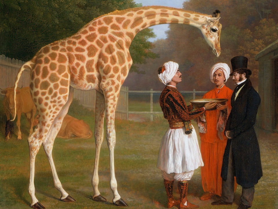 Ein Gemälde mit Giraffe, die sich bückt, und drei Menschen.