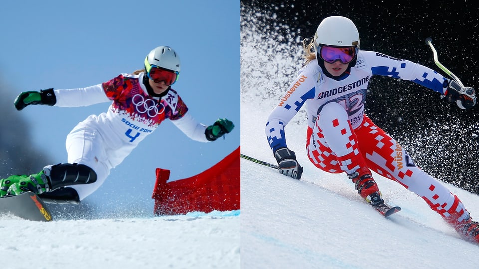 Ein zweigeteiltes Bild mit Ester Ledecka, auf der linken Seite auf dem Snowboard, recht als Skifahrerin.