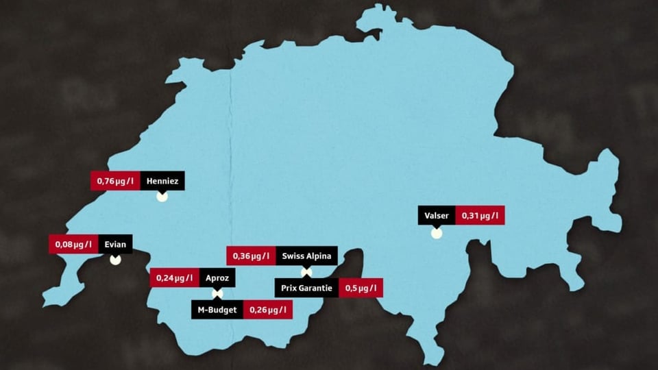 Schweizer Karte mit den Quellorten der beprobten Mineralwasser.