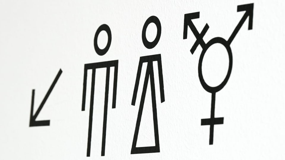 Ein Männchen, Weibchen, und ein Zeichen für jegliche Geschlechtsidentitäten.
