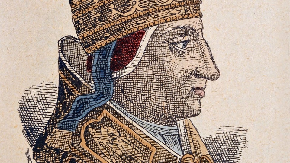 Gemaltes Ölbild Mann mit Papst-Tiara, schaut seitlich ins Bild, goldener Umhang.