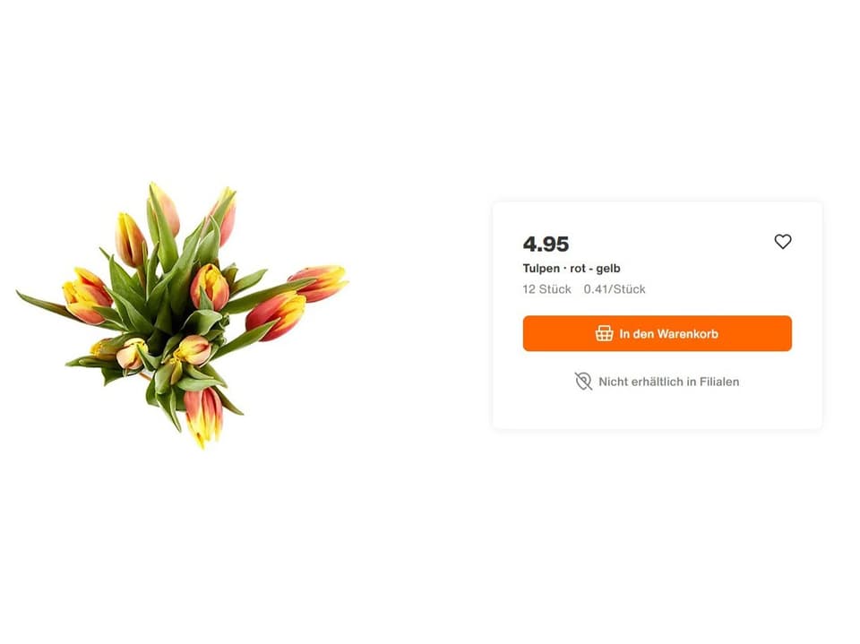 Ein Bund mit 12 Tulpen erhältlich auf der Migros-Webseite für CHF 4.95, früher waren es 15 für denselben Preis.