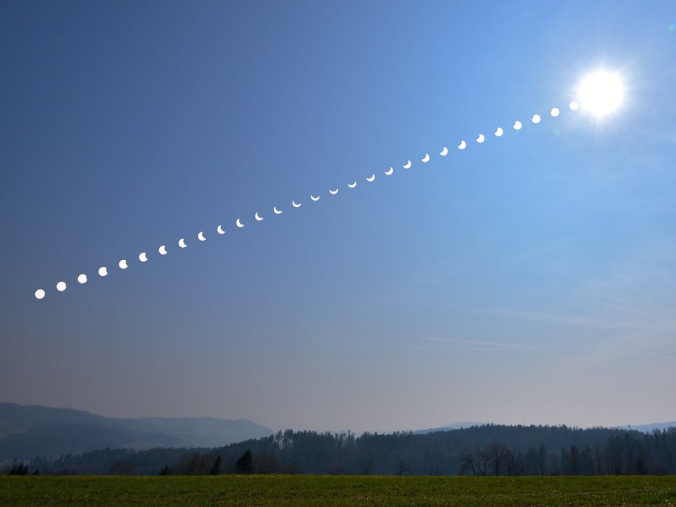 Blauer Himmel mit Sonne rechts oben. Viele kleine Momentaufnahmen der Sonnenfinsternis mit verschiedenen Stadien. 