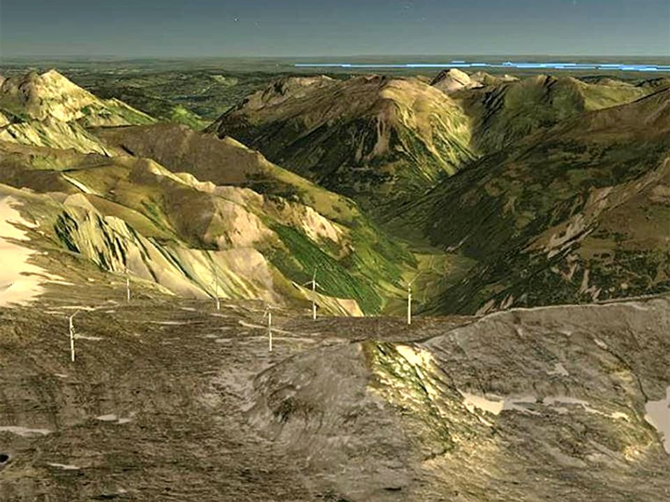 Visualisierung: Blick auf sechs Windräder im Hintergrund Bergkette, dahinter ein grosser See