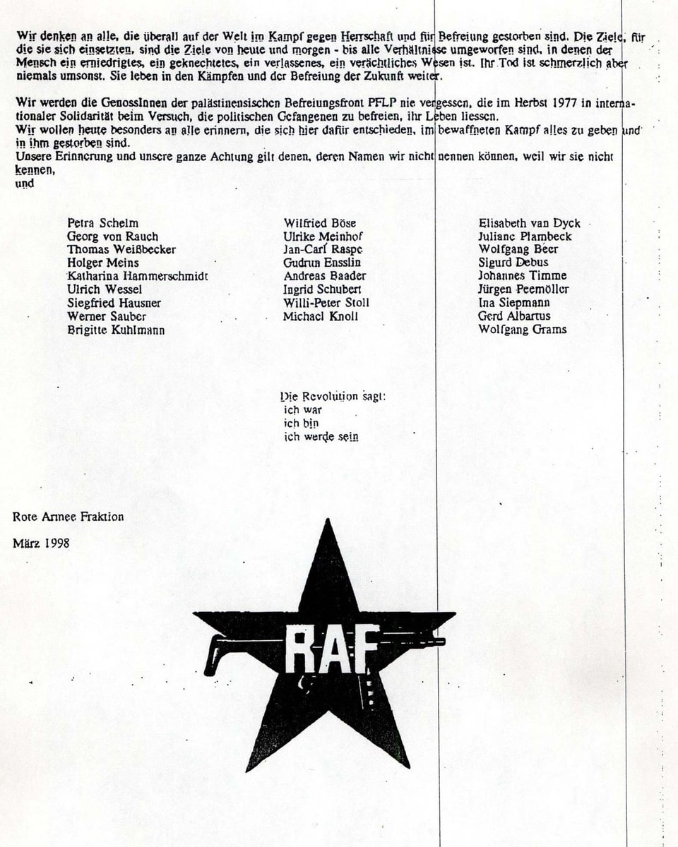 Schreiben, in dem die RAF erklärt, dass sie sich auflöst. Das Schreiben endet mit dem Logo-Stern der RAF.