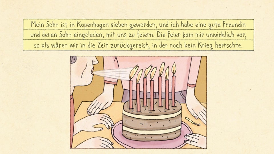 Eine Illustration: Ein Junge bläst die Kerzen auf einem runden Kuchen aus.