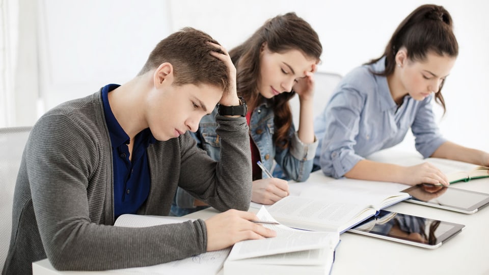 Studenten brüten über Schulbüchern.