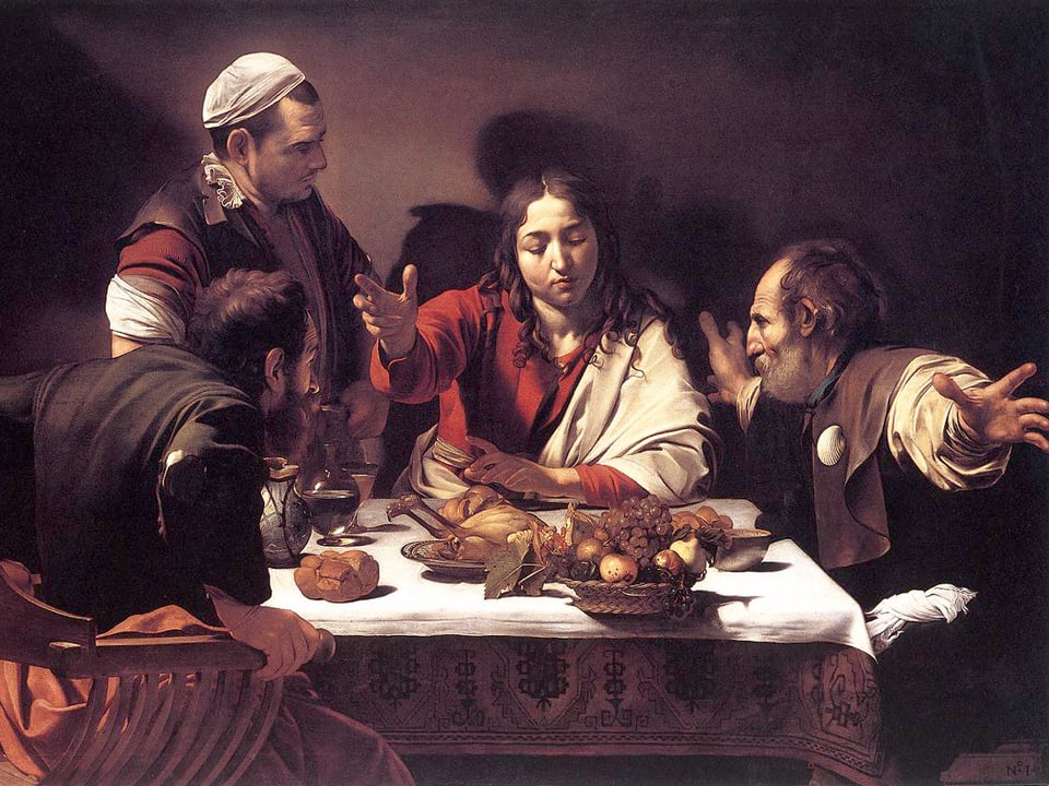 Ein Ölgemälde zeigt in dunklen Rottönen eine Tisch, an dem vier Männer speisen.