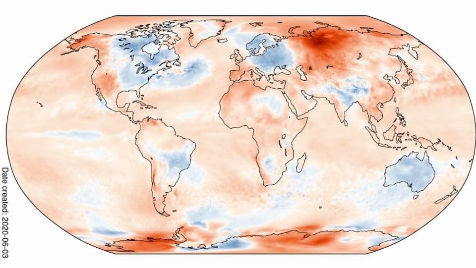 Weltkarte mit blauen und roten Flächen. Die Farben entsprechen der Abweichung der Temperatur im Mai zum langjährigen Durchschnitt.