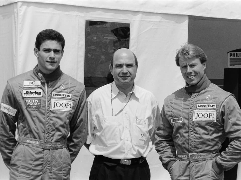 Karl Wendlinger (von links), Peter Sauber und J.J. Lehto vom Formel 1 Team Sauber, aufgenommen 1993.