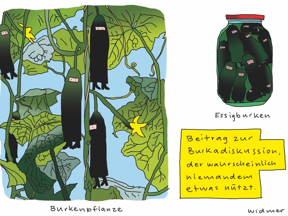 Burkenpflanze und Essigburken: Eine Karikatur von Ruedi Widmer, der Burka tragende Frauen als Essiggurken darstellt.
