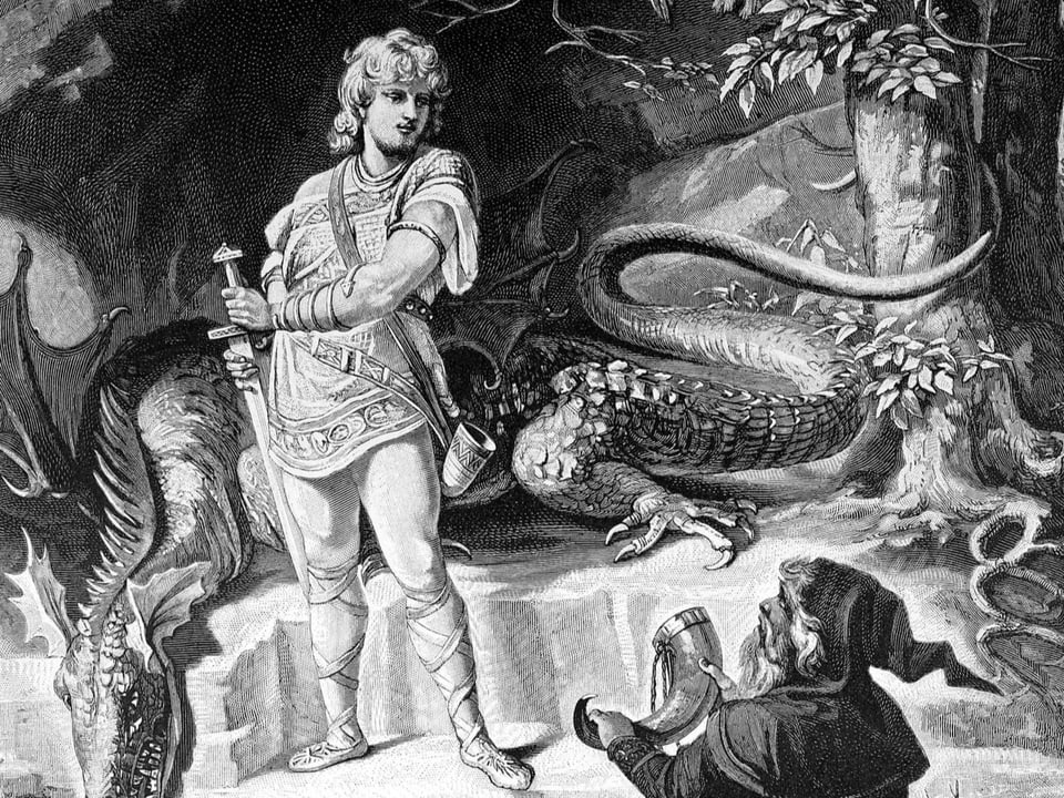 Eine Illustration zeigen Siegfried den Drachentäter, einen Schmied und den Drachen.