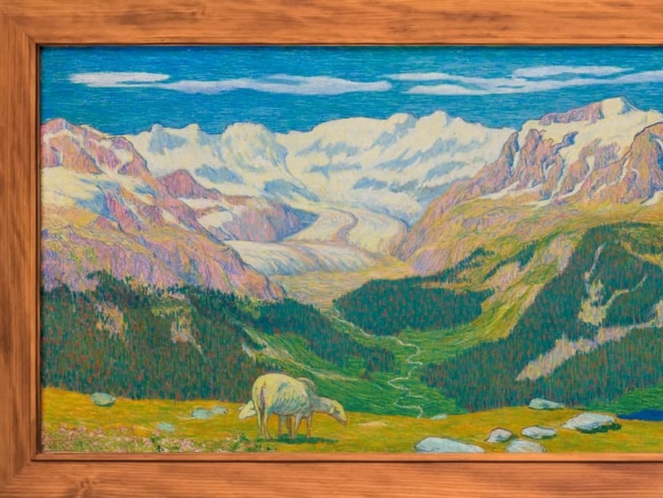 Ausschnitt des Gemäldes zeigt Schaf und Berglandschaft