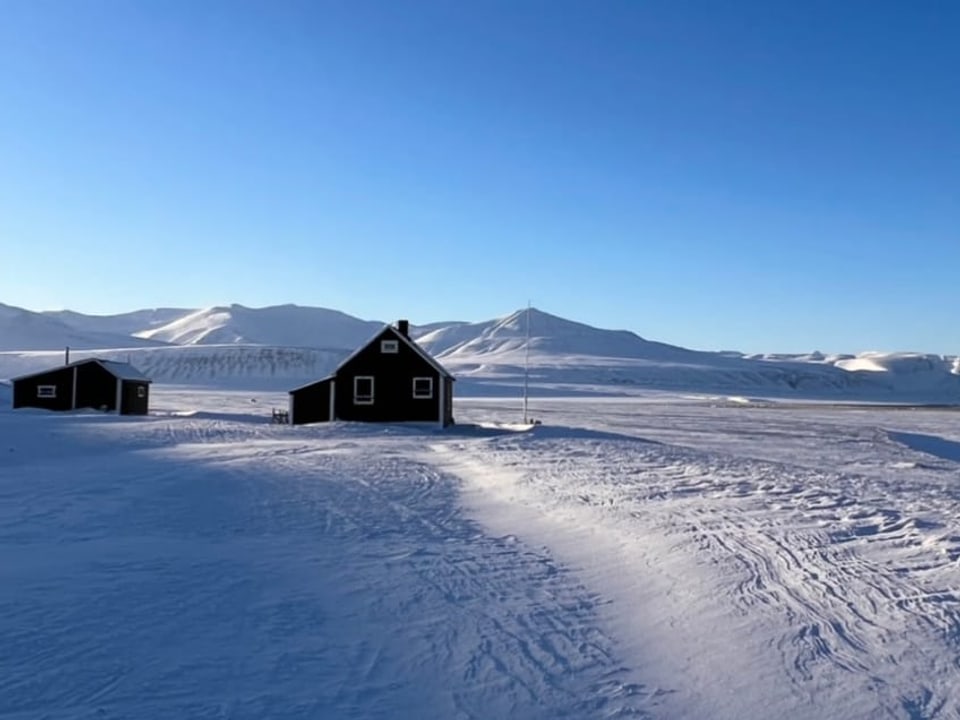 Zwei einzelne Häuser hinter Schneefeld. Dahinter Schneeberge. Häuser mit weiss umrandeten Fenstern.