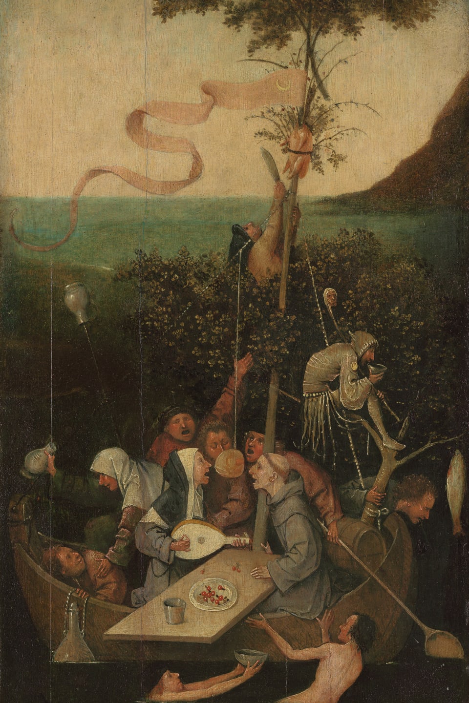 Gemälde, das ein Schiff zeigt, auf dessen Deck Menschen feiern.