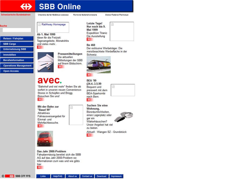 Die Internetseite der SBB vor 15 Jahren: Infos über das Unternehmen oder Abfahrtszeiten auf derselben Seite, keine Unterteilungen. 
