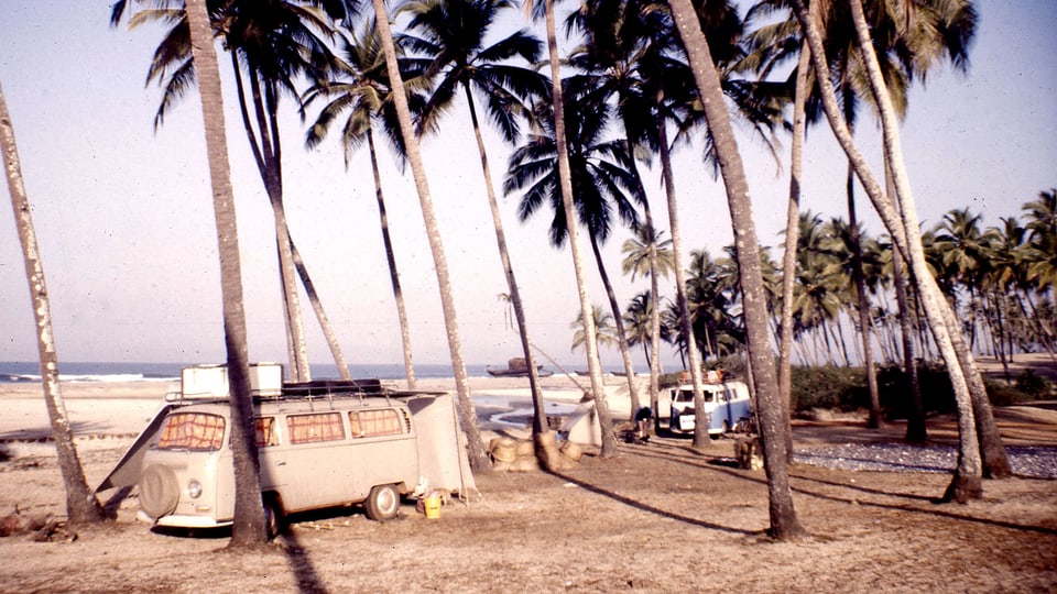 Ein VW-Bus, geparkt an einem Strand mit Palmen.
