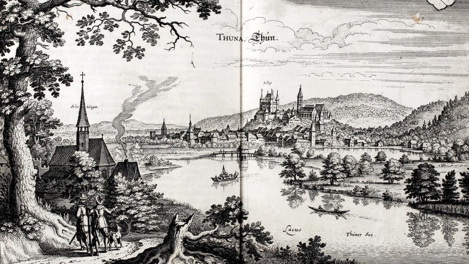 Kupferstich der Stadt Thun und vom Thuner See. Links im Bild sieht man die Kirche Scherzlingen.
