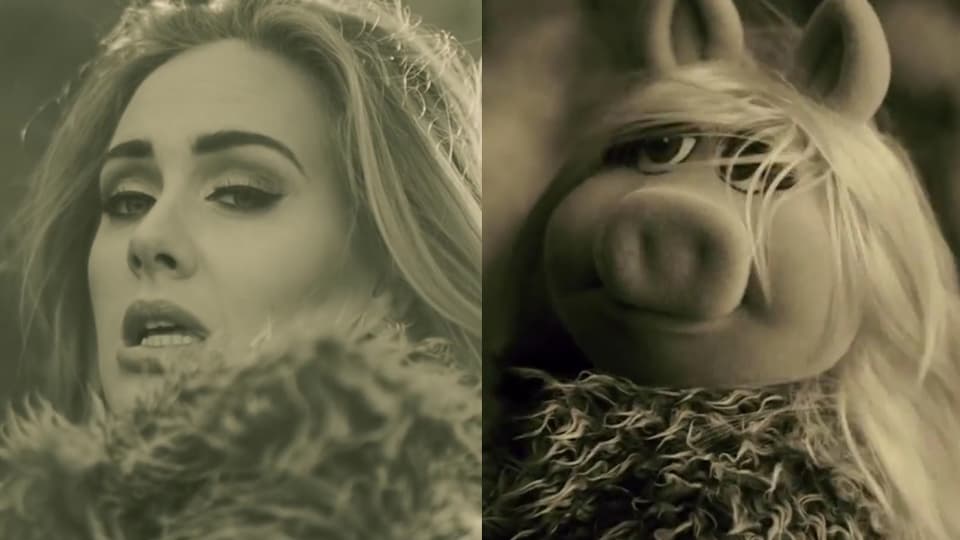 Splittscreen: Links ein Schwarz-Weiss-Bild von Adele, rechts eines von Miss Piggy. 