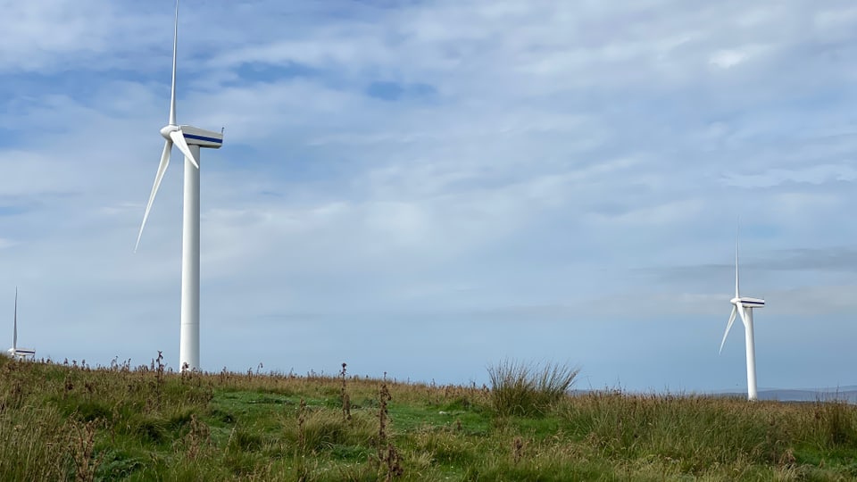 Zwei weisse Windturbinen stehen auf einer grünen Wiese.
