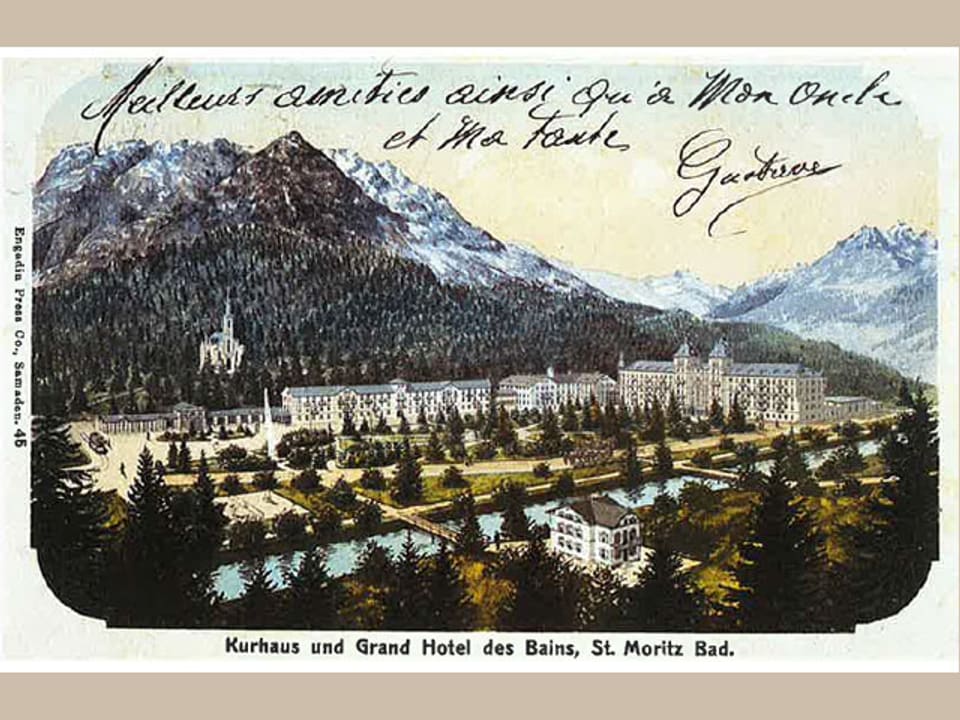 Eine alte Postkarte mit einer Zeichnung von Davos.