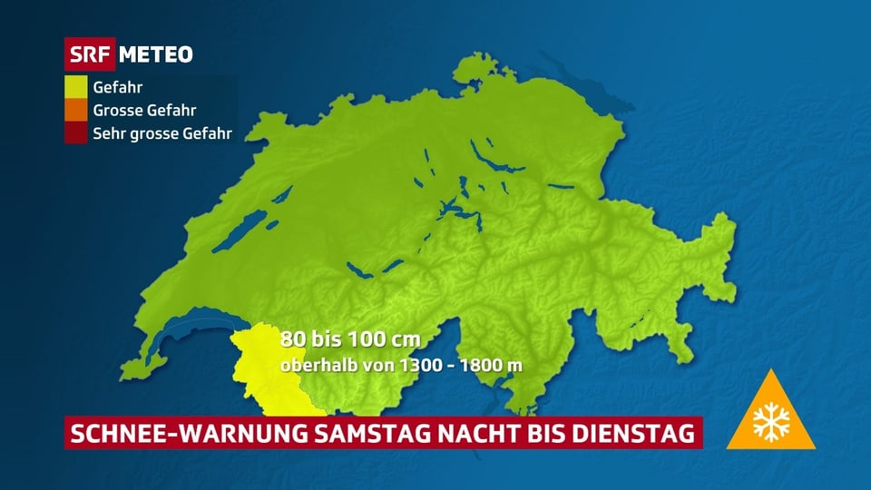 Schweizerkarte, die Gebiete mit Schneewarnungen im westlichen Wallis zeigt.