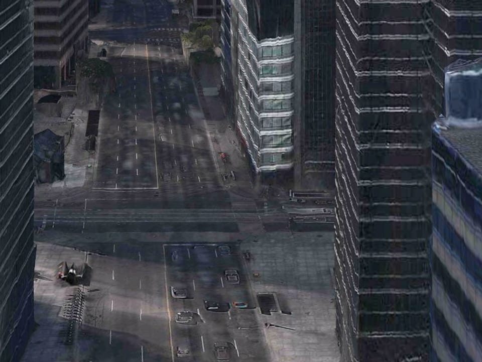 3D-Kartenansicht: eine Strasse zwischen Hochhäusern, in dunklen Farben und menschenleer
