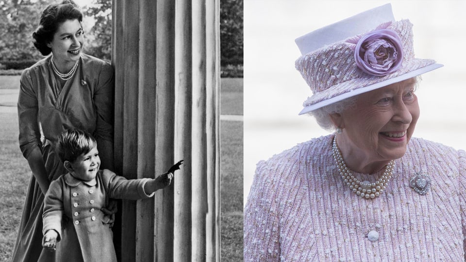 Ein Bild auf dem die junge Queen mit dem vierjährigen Charles zu sehen ist. Sie trägt ihre dreireihige Perlenkette und eien Brosche. Daneben ein Bild der Queen in diesem Jahr. Auch hier trägt sie die Kette und eine Brosche. 