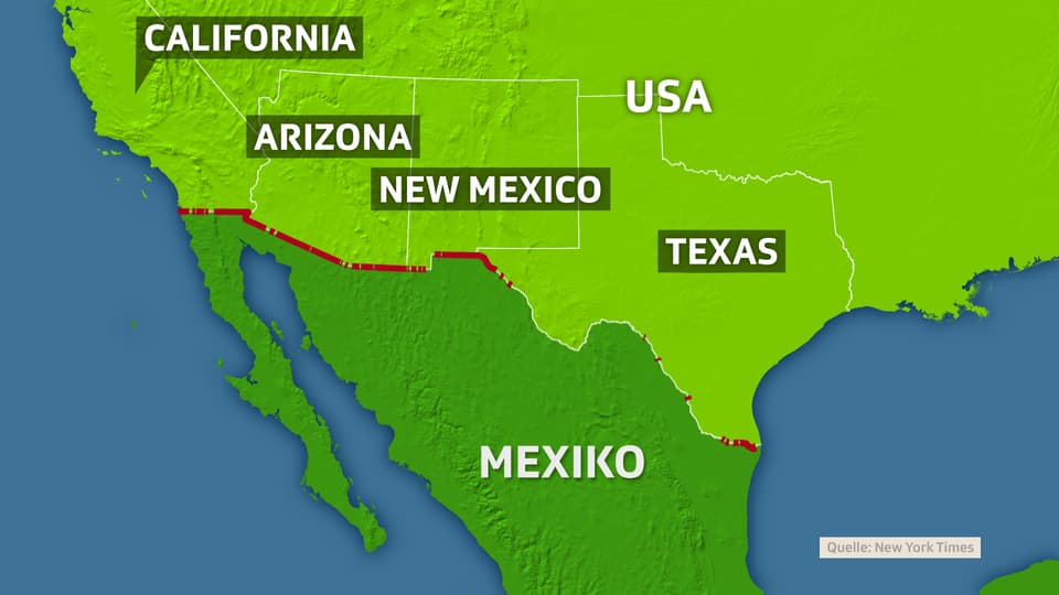 Karte mit bisheriger Grenzsicherung zu Mexiko