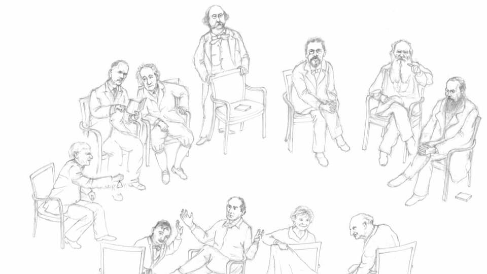 Eine Zeichnung von Personen, die in einem kreis auf Stühlen sitzen, teils einfach da sitzen, teils angeregt diskutieren.